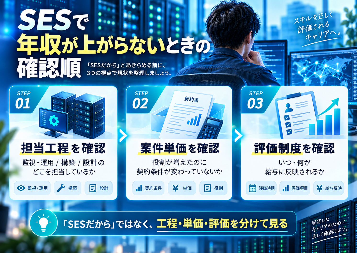 SESで年収が上がらないときは、担当工程・案件単価・評価制度を分けて確認する。