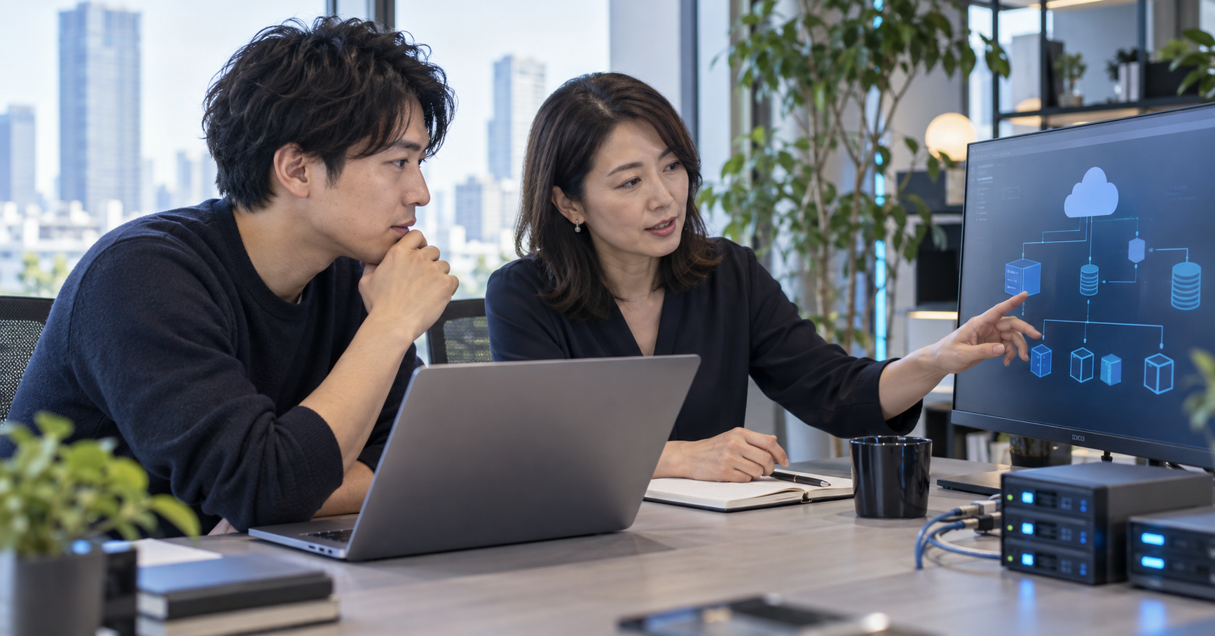 クラウド検証の構成と確認結果をレビューするエンジニアの実写風イメージ(AI生成)