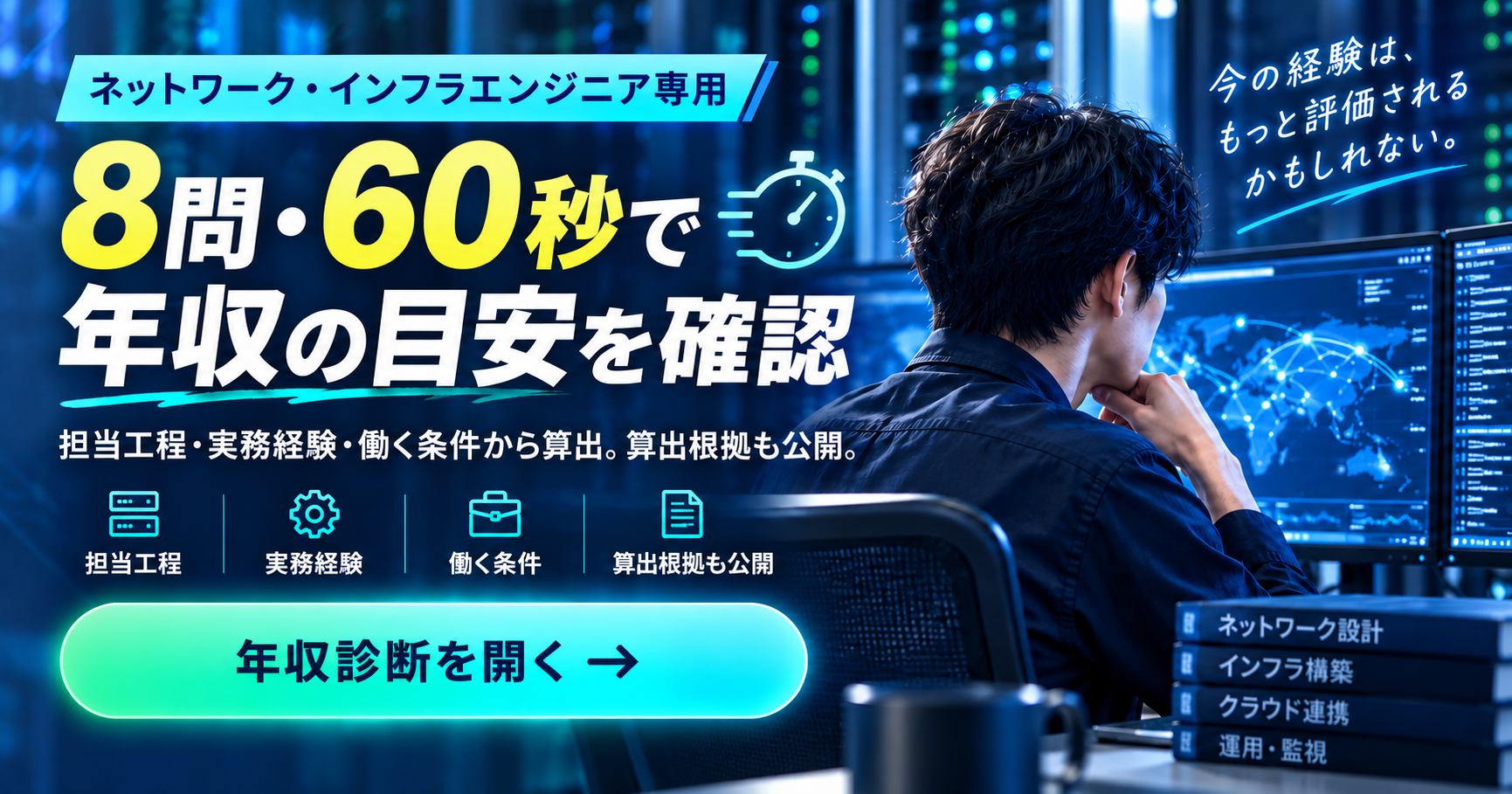 ネットワーク・インフラエンジニア専用。8問・60秒で年収の目安を確認