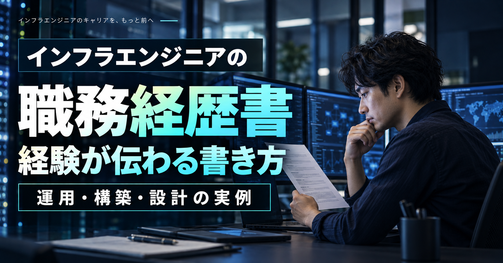 職務経歴書を見直すインフラエンジニアの実写風イメージ(AI生成)