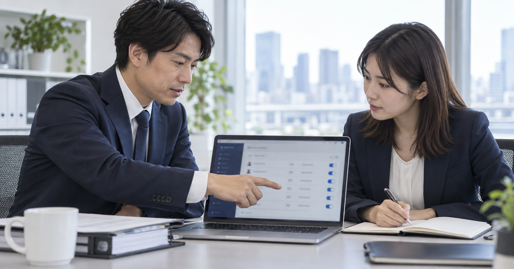 アクセス管理の確認事項を同僚と整理するエンジニアの実写風イメージ(AI生成)