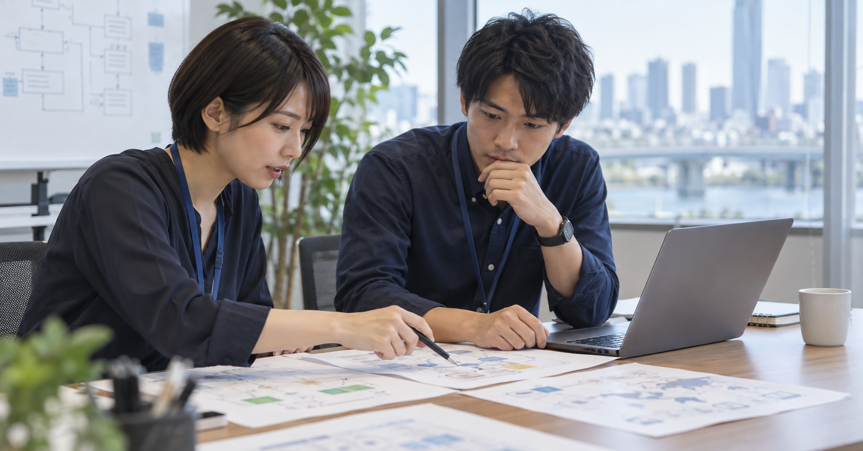 ネットワーク設計資料を二人で確認するエンジニアの実写風イメージ(AI生成)