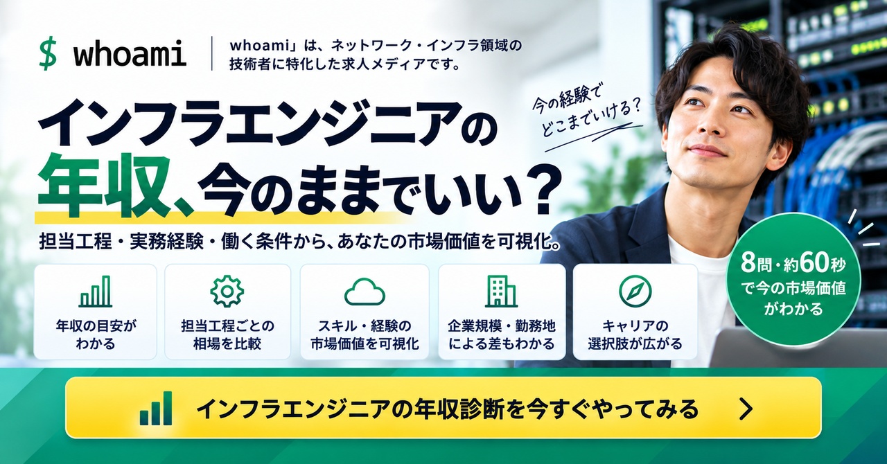 8問・約60秒でインフラエンジニアの年収の目安を確認。担当工程・実務経験・働く条件から算出。